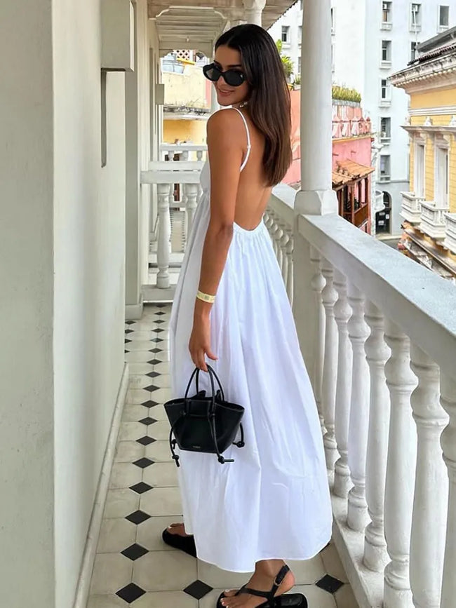 Women's Sleeveless Low Back Summer Dress with V-neck | Maxi