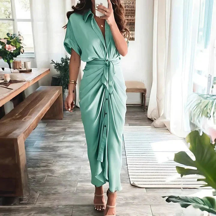 Women's Short Sleeve Ruched Summer Dress with Collar | Midi