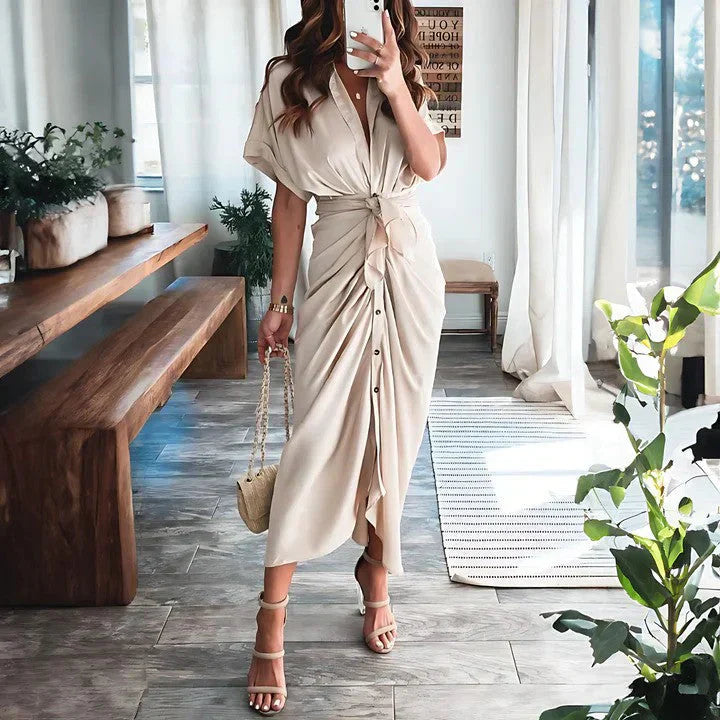 Women's Short Sleeve Ruched Summer Dress with Collar | Midi