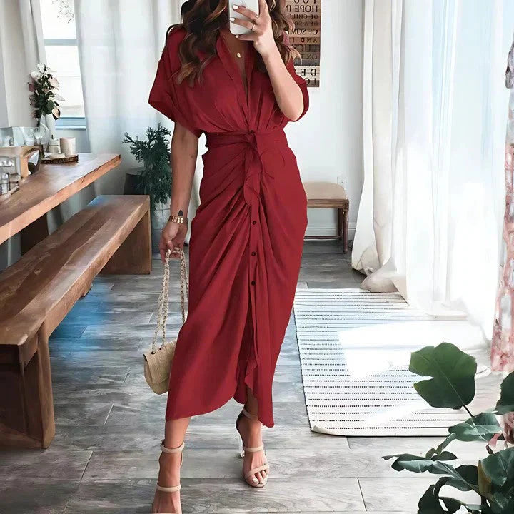 Women's Short Sleeve Ruched Summer Dress with Collar | Midi
