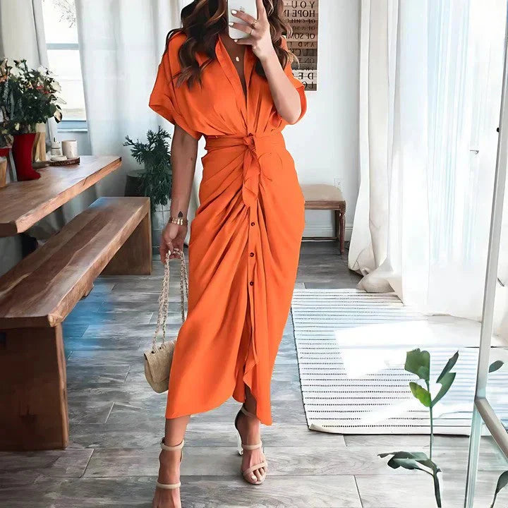 Women's Short Sleeve Ruched Summer Dress with Collar | Midi