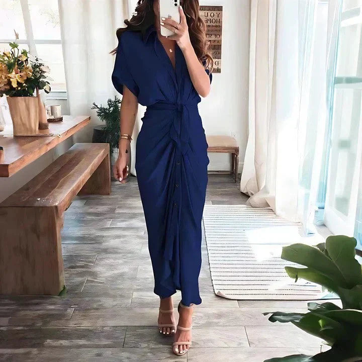 Women's Short Sleeve Ruched Summer Dress with Collar | Midi