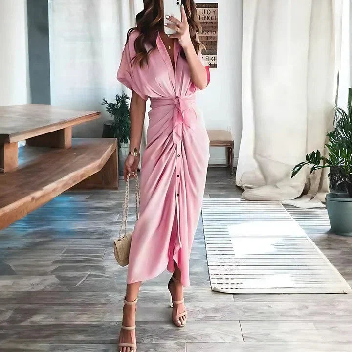 Women's Short Sleeve Ruched Summer Dress with Collar | Midi