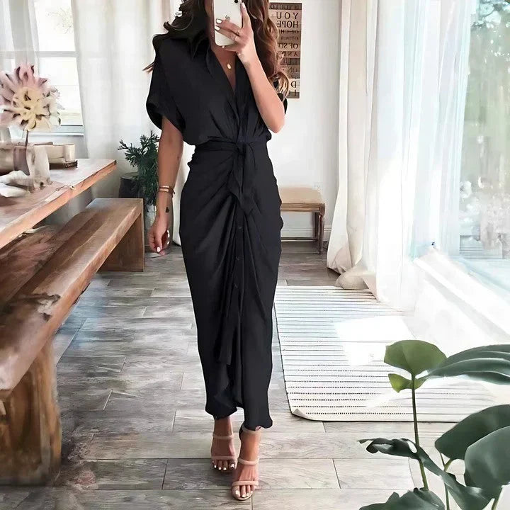Women's Short Sleeve Ruched Summer Dress with Collar | Midi