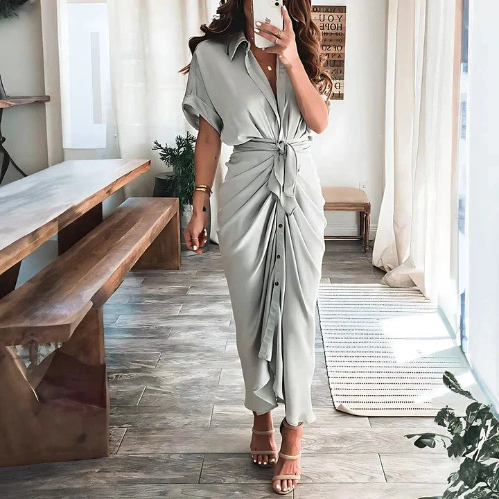 Women's Short Sleeve Ruched Summer Dress with Collar | Midi