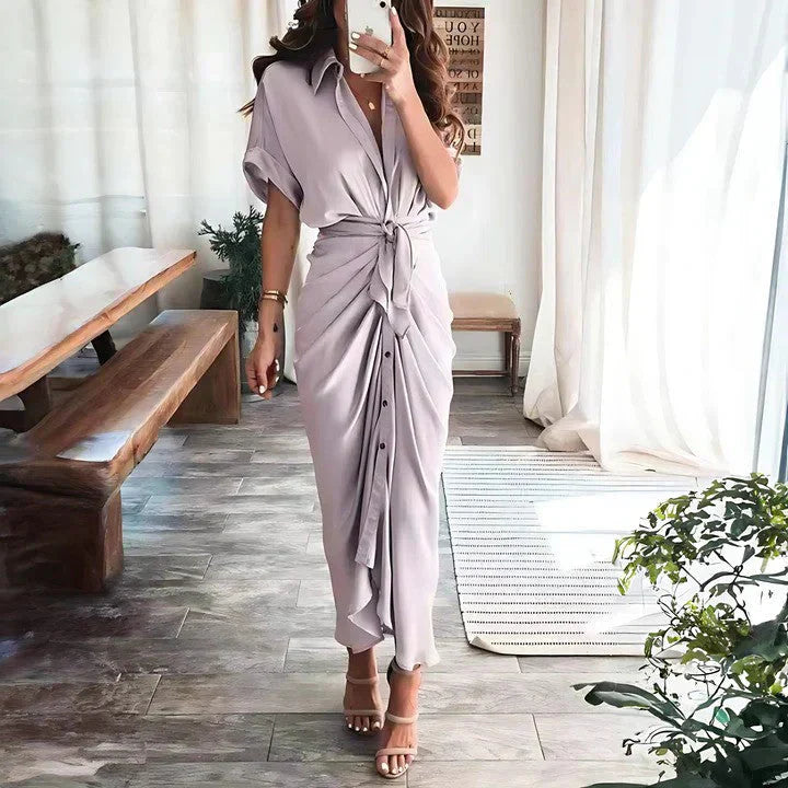 Women's Short Sleeve Ruched Summer Dress with Collar | Midi