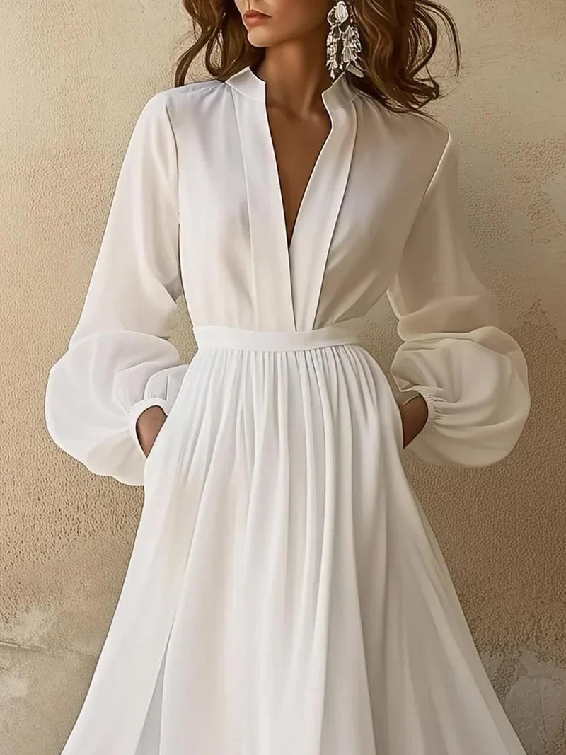 Women's V-neck Flared Summer Dress with Long Sleeve | Maxi