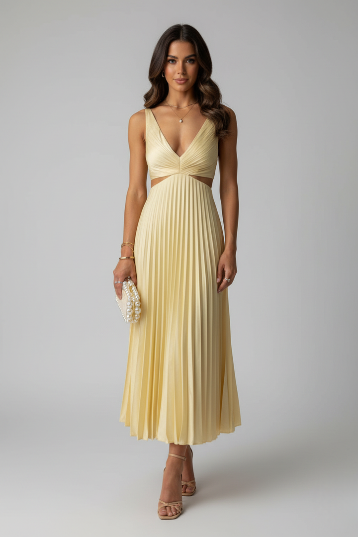 Women's Sleeveless V-Neck Pleated Wedding Guest Dress | Midi