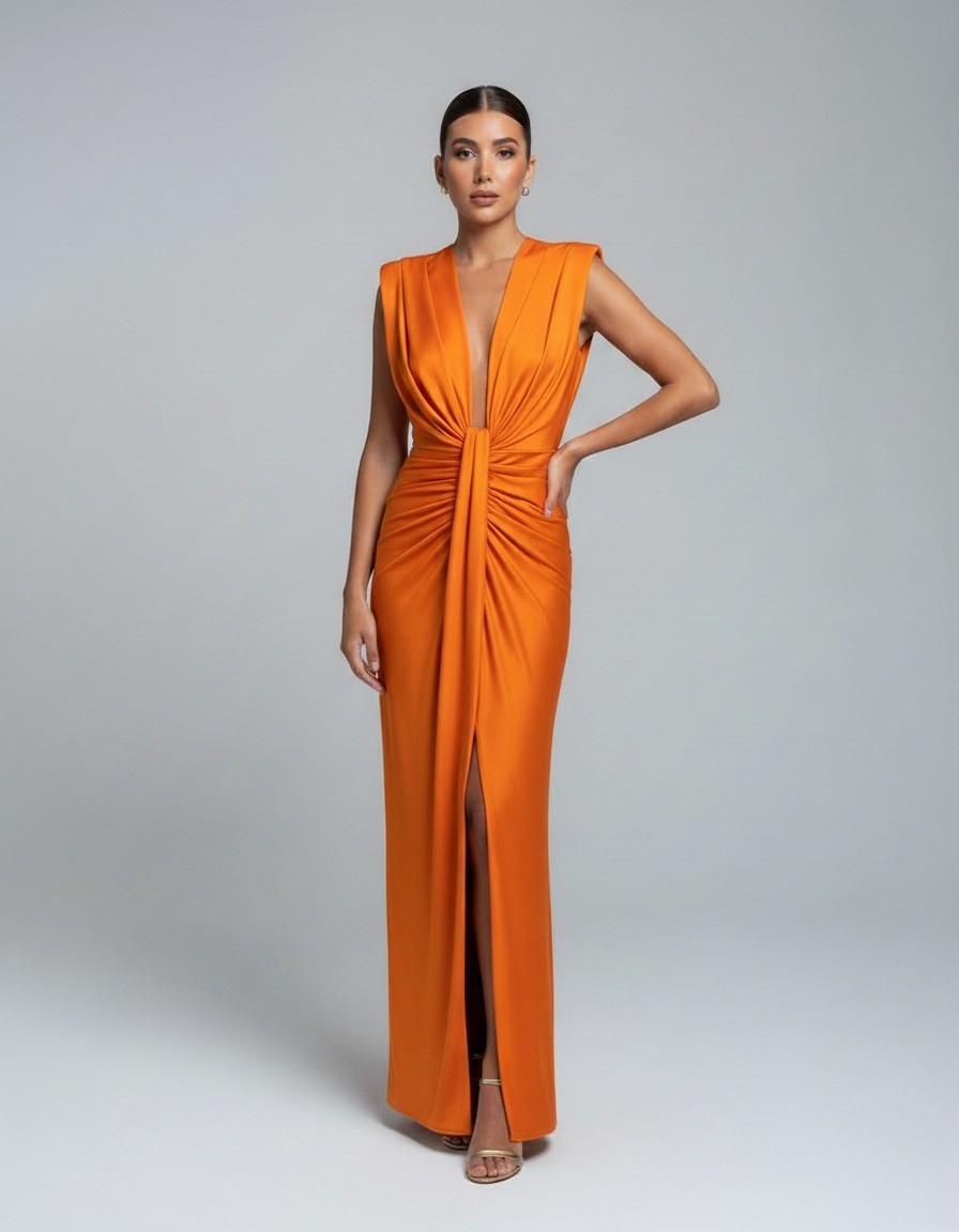 Women's Sleeveless Wedding Guest Dress with Plunging Neckline | Maxi