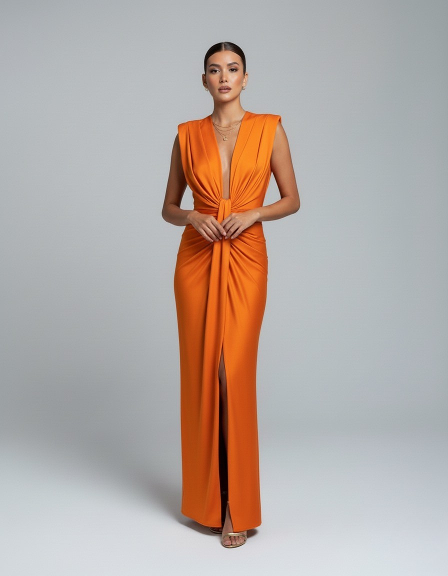 Women's Sleeveless Wedding Guest Dress with Plunging Neckline | Maxi