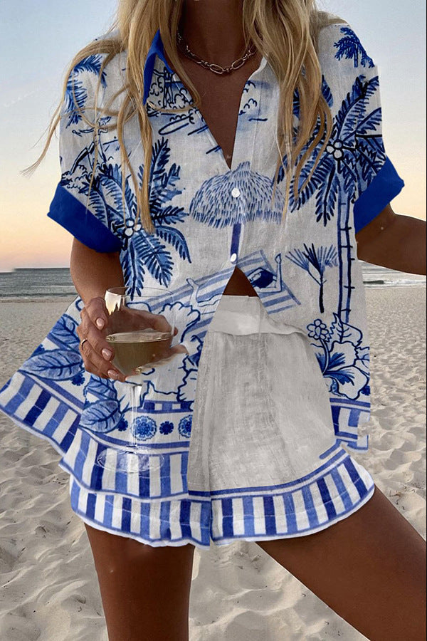 Zanika - Short Linen Set with Palm Print