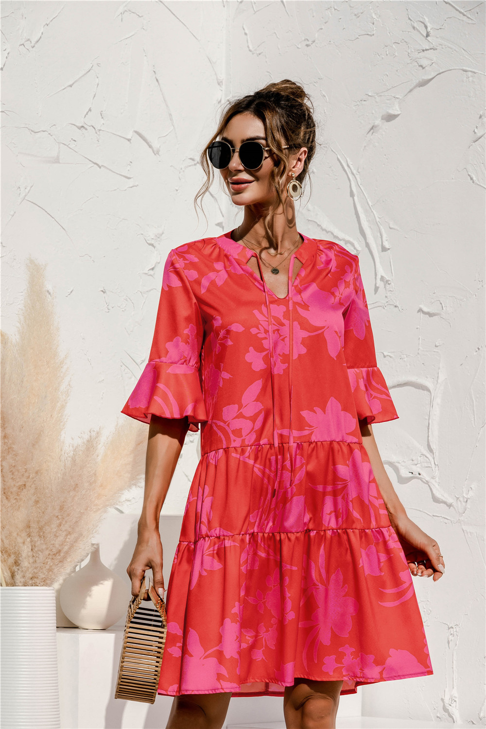 Women's 3/4 Sleeve Ruffle Mini Dress | V-Neck