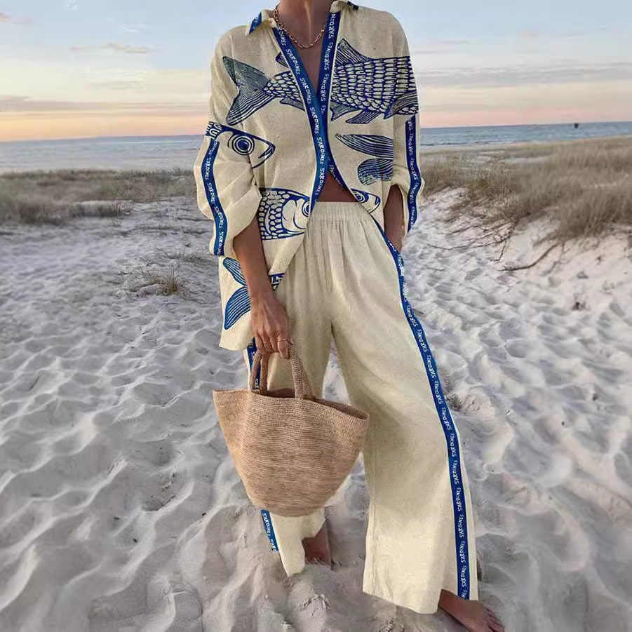 Yazette - Blue Fish Print Clothing Set