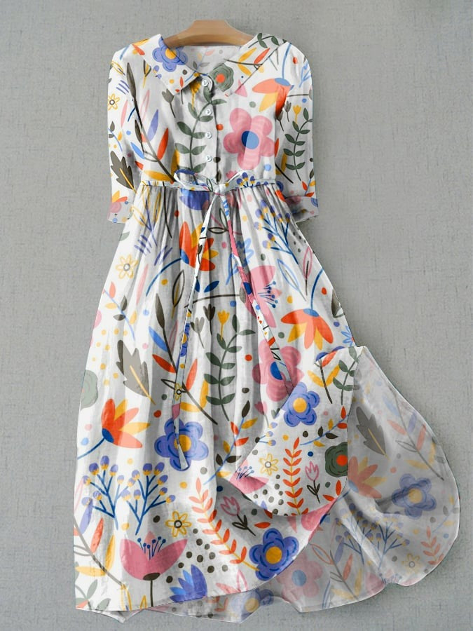 Women's Floral Print Dress with Adjustable Waist Tie | Midi