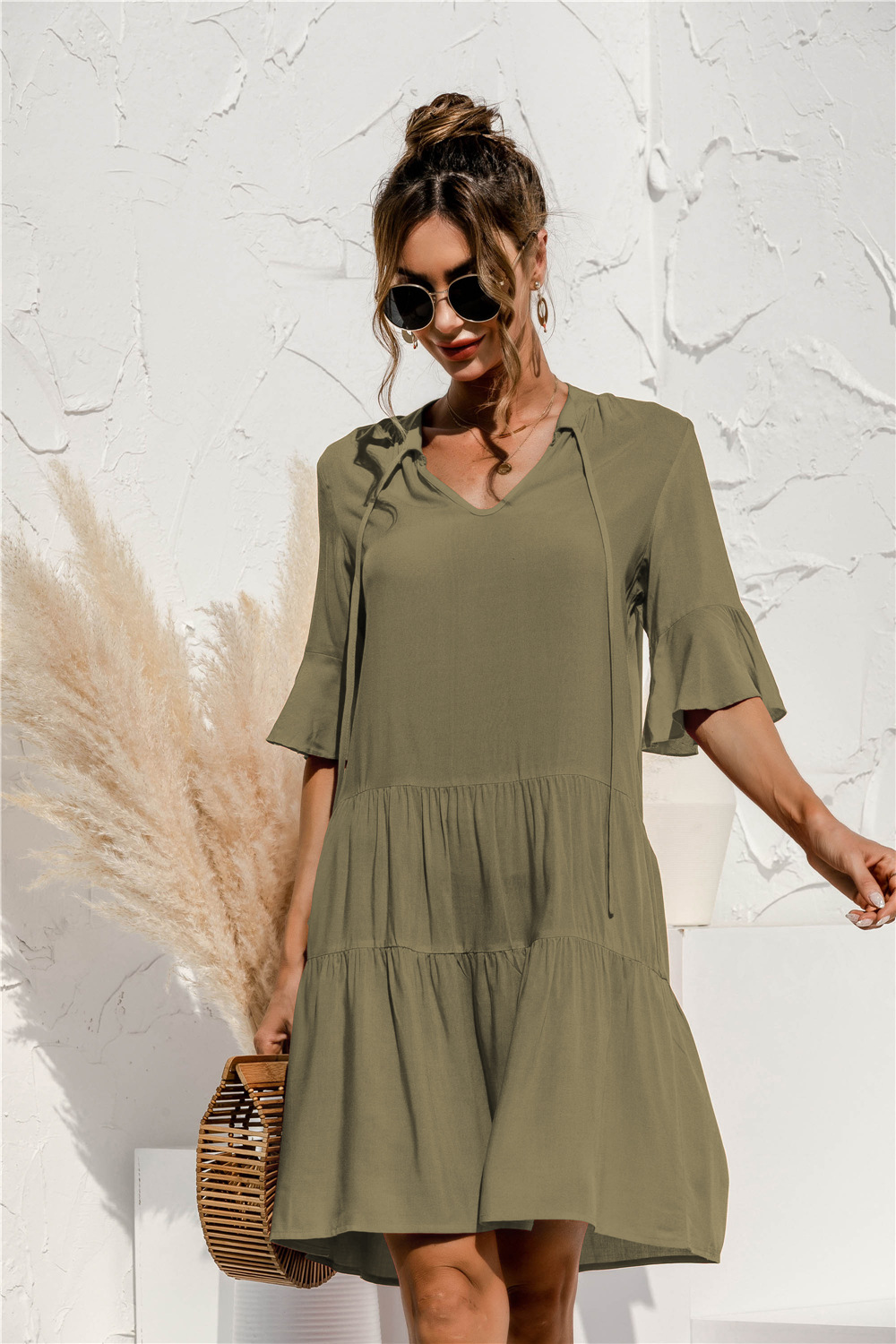Women's 3/4 Sleeve Ruffle Mini Dress | V-Neck