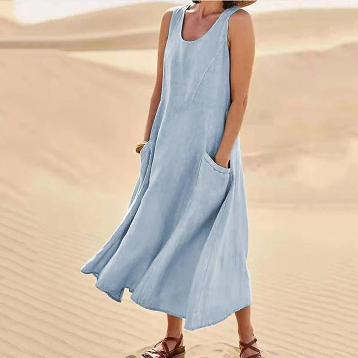Women's Round Neck Sleeveless Summer Midi Dress | With Pockets