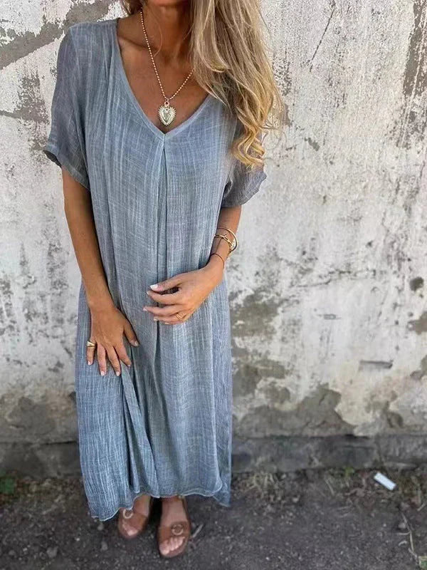Women's V-Neck Summer Midi Dress | Short Sleeve
