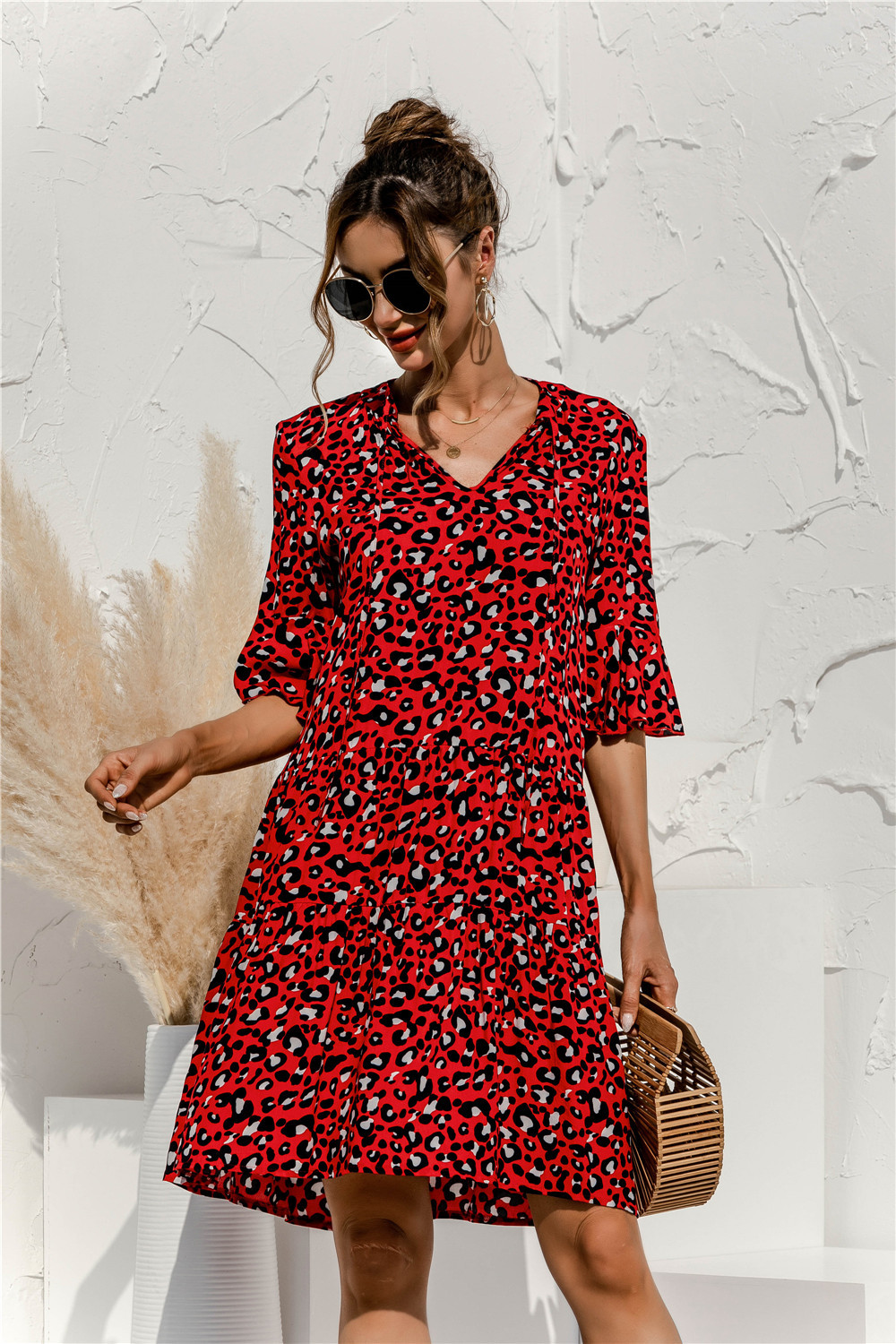 Women's 3/4 Sleeve Ruffle Mini Dress | V-Neck