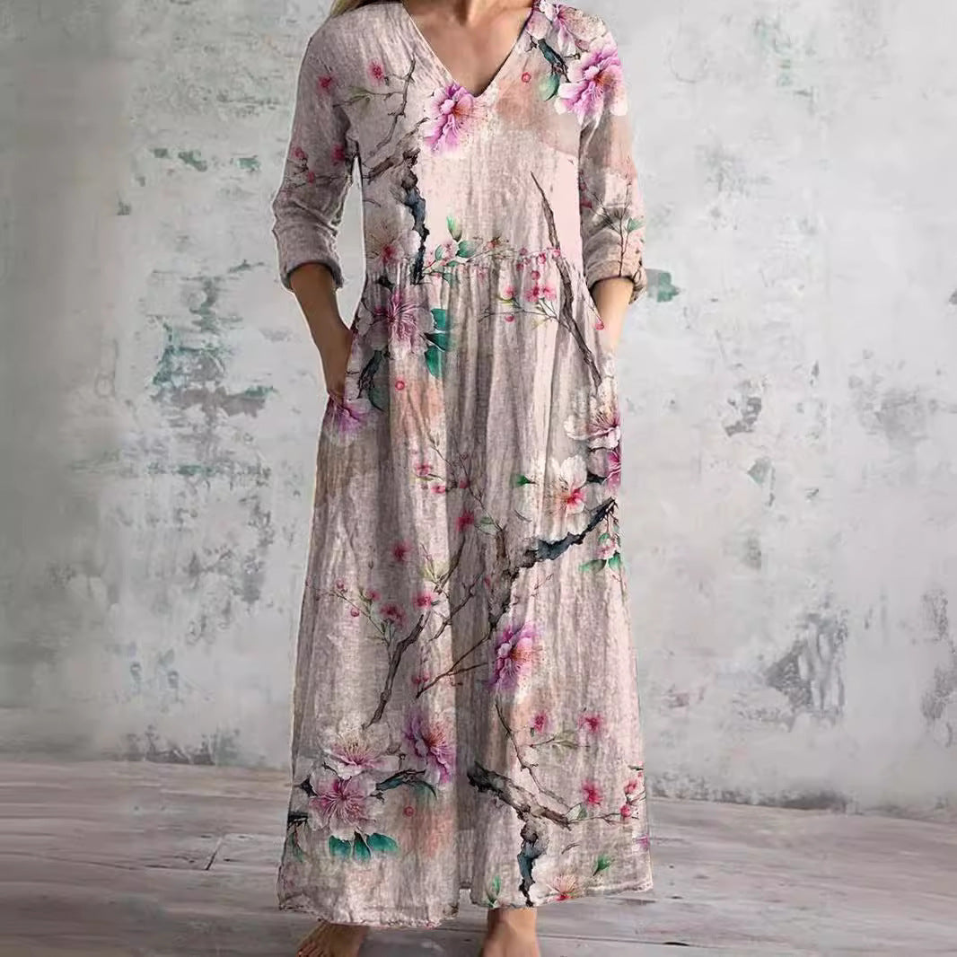 Women's V-Neck Floral Print Summer Dress | Midi