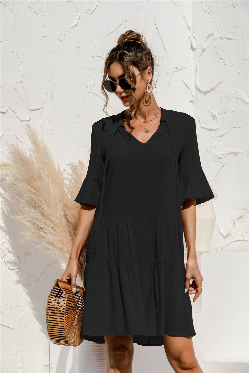 Women's 3/4 Sleeve Ruffle Mini Dress | V-Neck