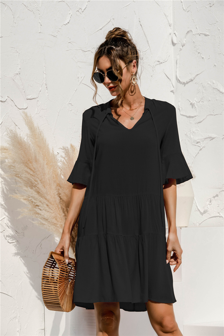 Women's 3/4 Sleeve Ruffle Mini Dress | V-Neck