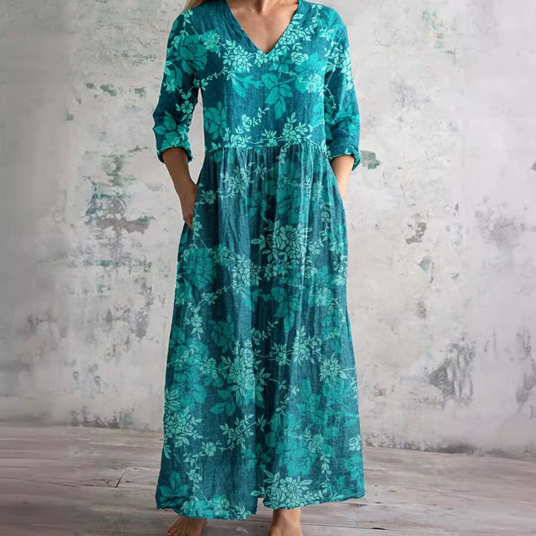 Women's V-Neck Floral Print Summer Dress | Midi