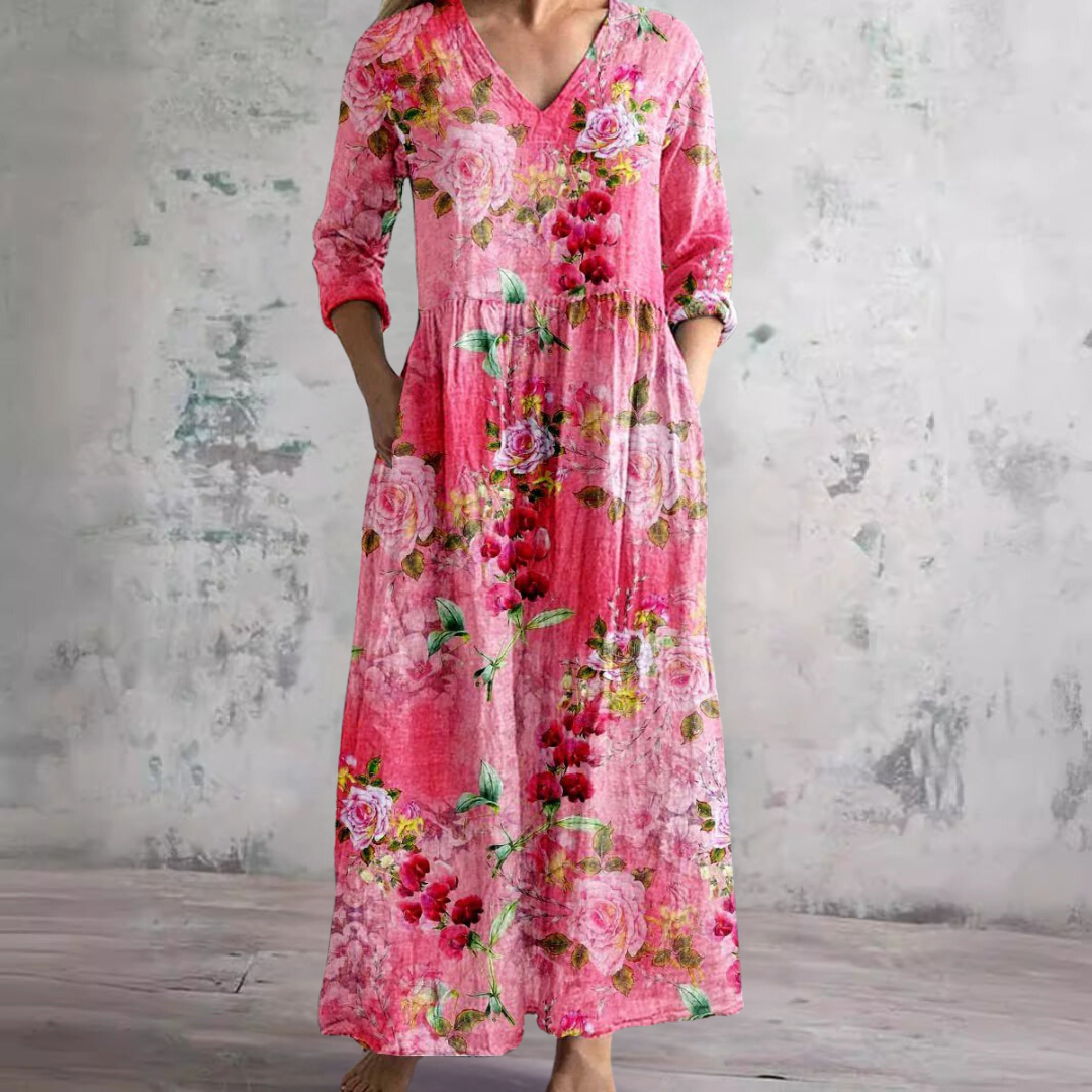 Women's V-Neck Floral Print Summer Dress | Midi