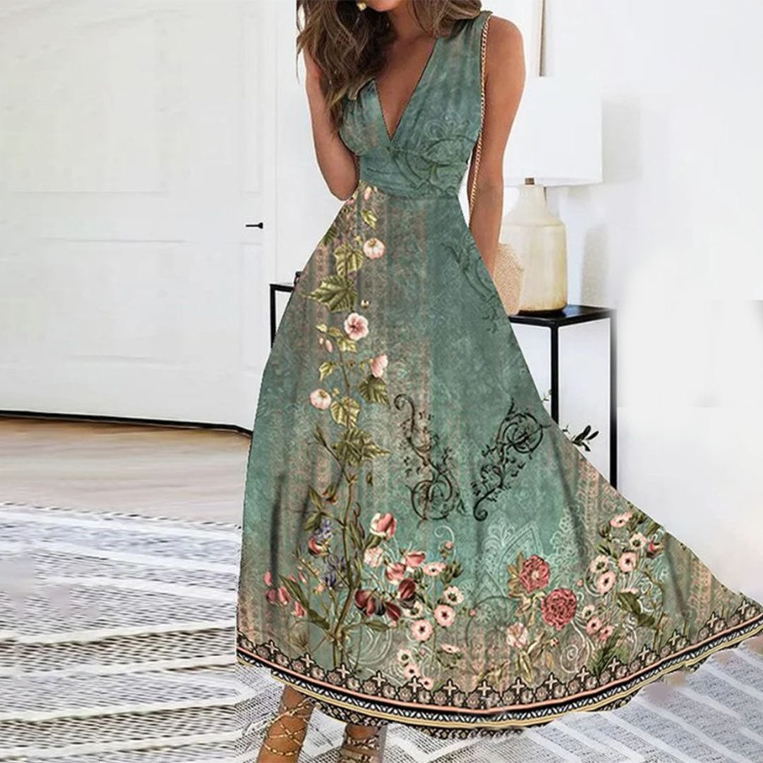 Women's Sleeveless V Neck Floral Print Dress | Midi