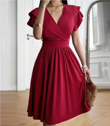 Women's Wrap V Neck Ruffled Short Sleeves Summer Dress | Mini