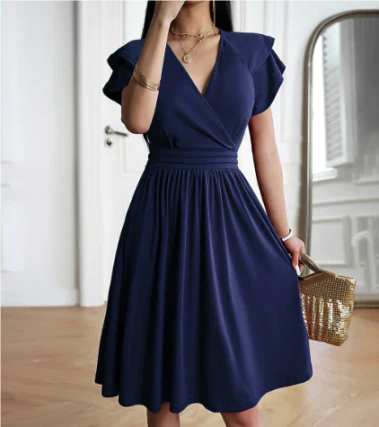 Women's Wrap V Neck Ruffled Short Sleeves Summer Dress | Mini