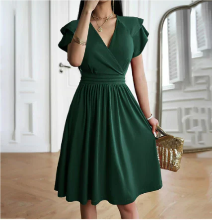 Women's Wrap V Neck Ruffled Short Sleeves Summer Dress | Mini
