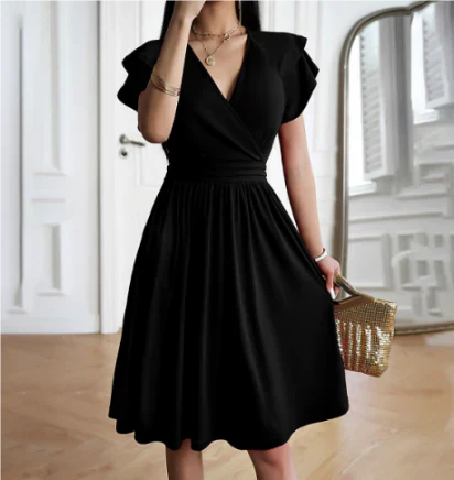 Women's Wrap V Neck Ruffled Short Sleeves Summer Dress | Mini