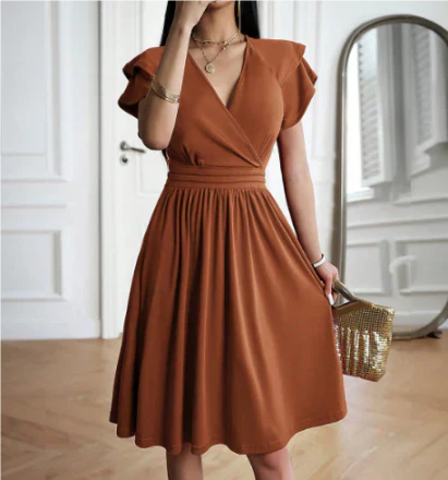 Women's Wrap V Neck Ruffled Short Sleeves Summer Dress | Mini