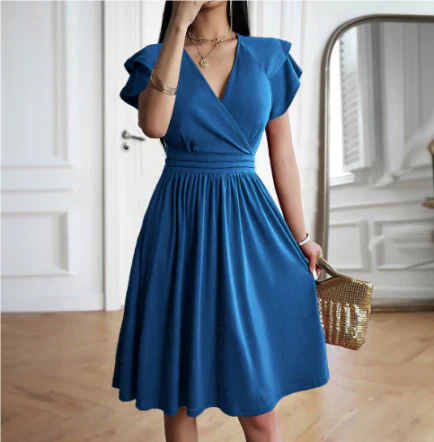 Women's Wrap V Neck Ruffled Short Sleeves Summer Dress | Mini