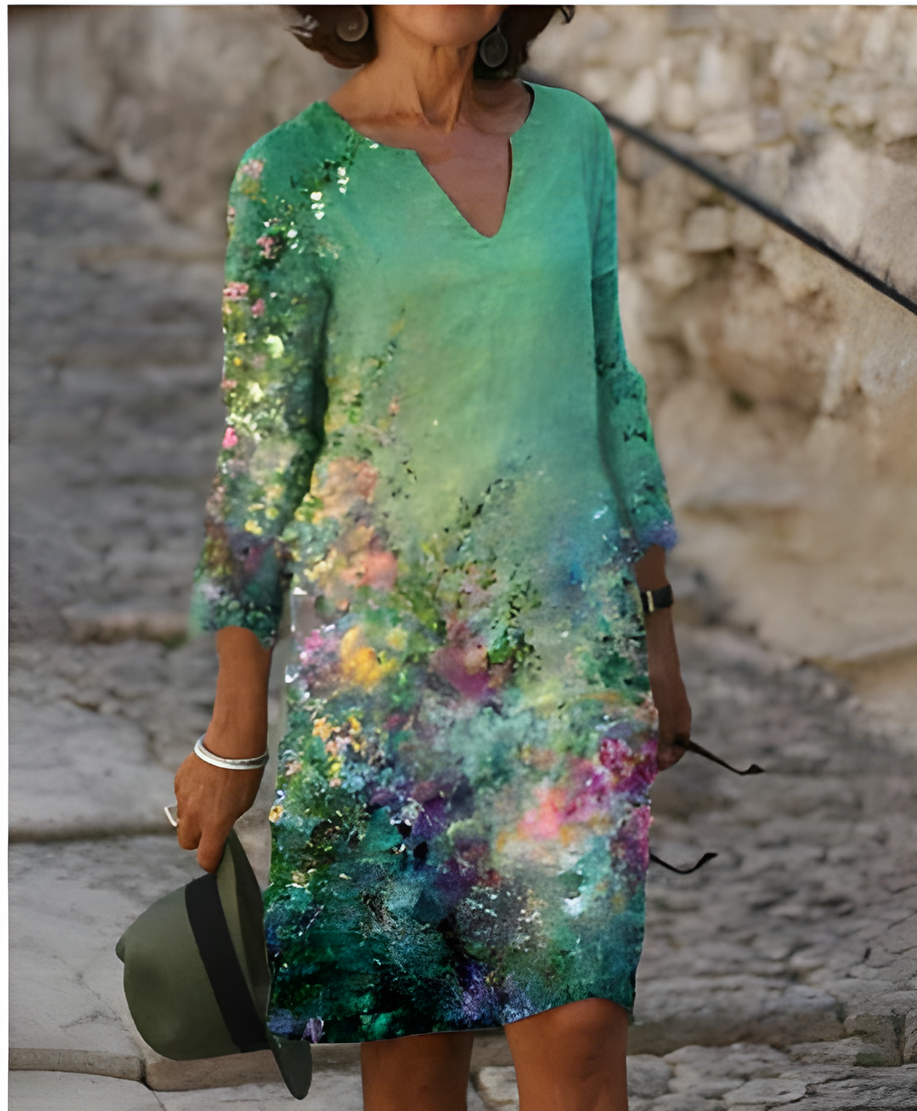 Women's Printed 3/4 Sleeve V-Neck Summer Dress | Mini