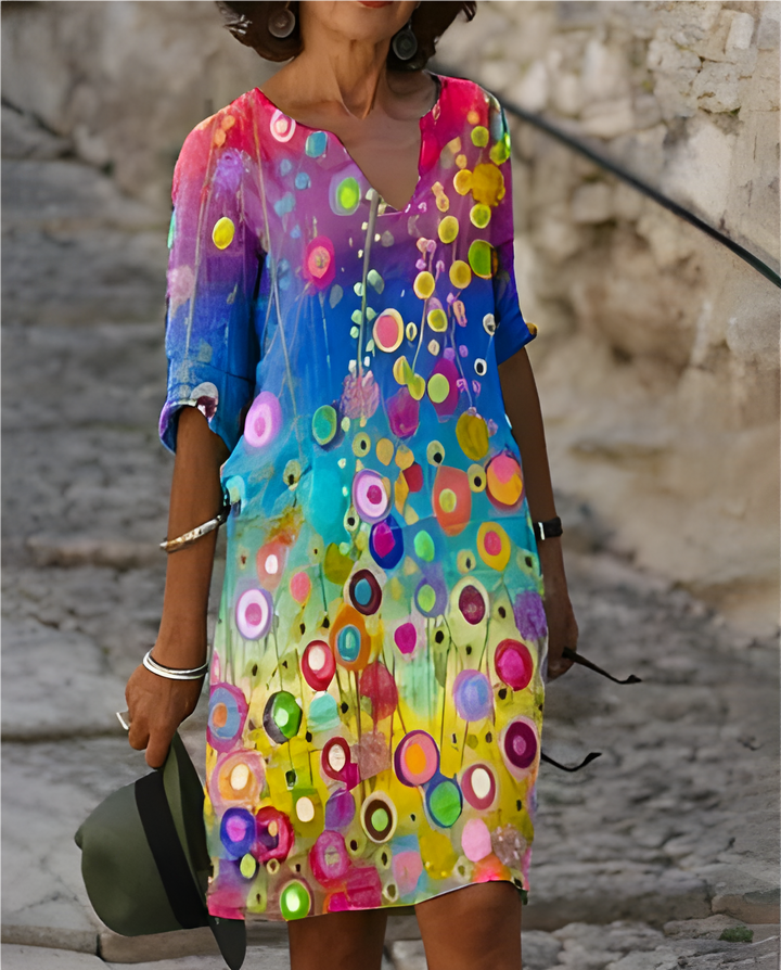 Women's Printed 3/4 Sleeve V-Neck Summer Dress | Mini