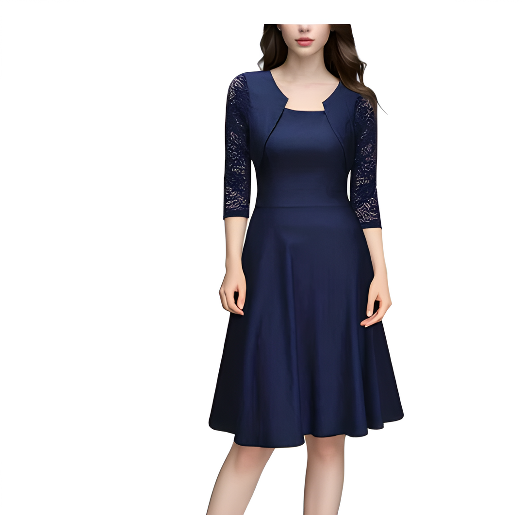 Women's Classic Round Neck Midi Evening Dress | Long Sleeve