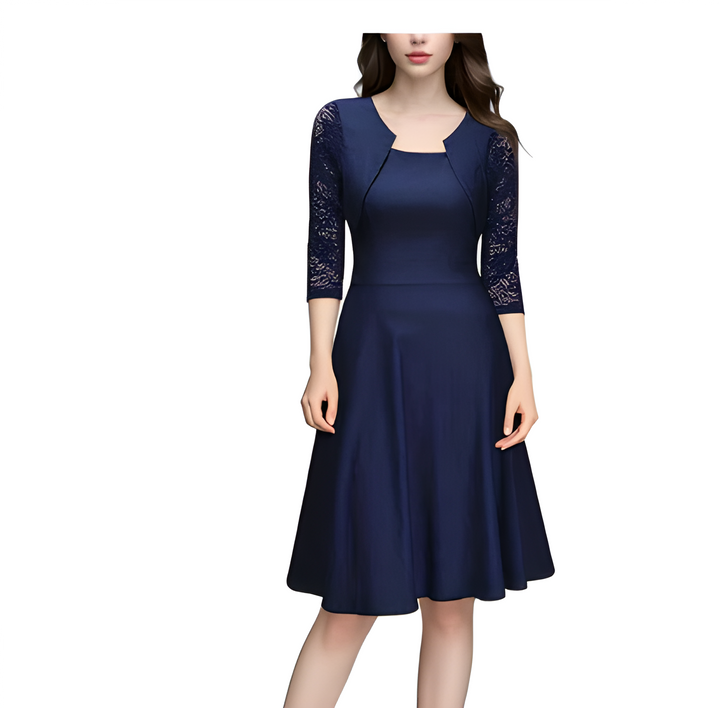 Women's Classic Round Neck Midi Evening Dress | Long Sleeve