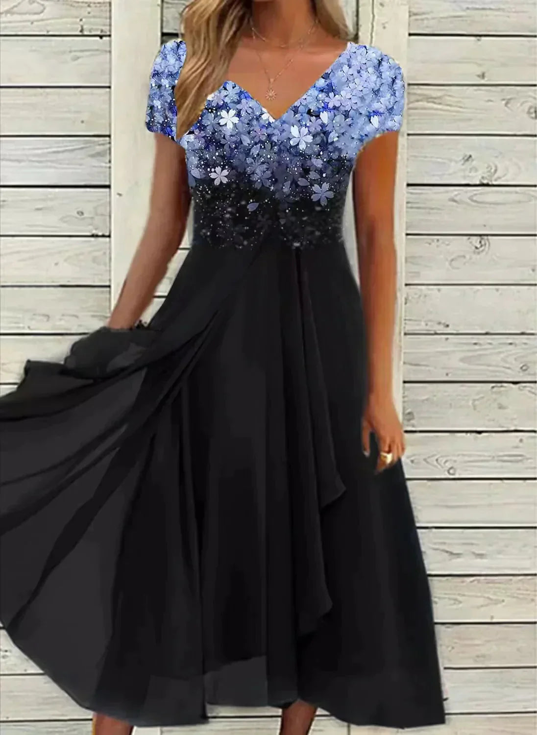 Women's V-Neck Short Sleeve Evening Dress | Midi