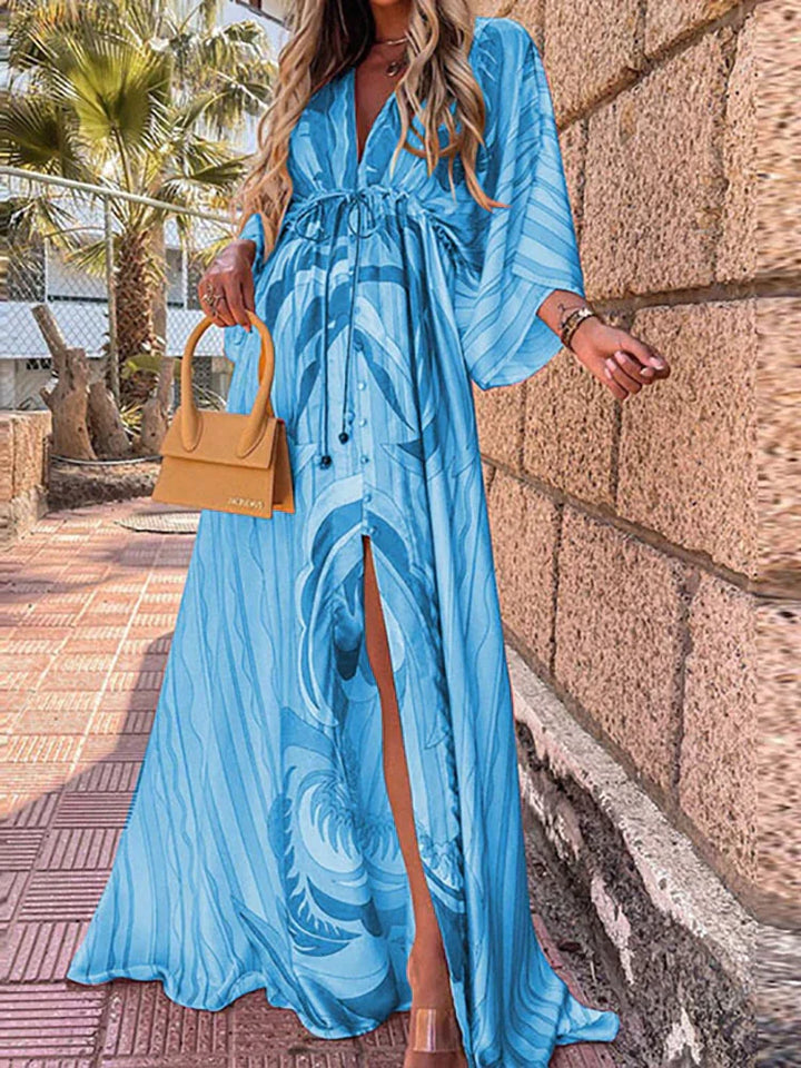 Women's Printed Wrap V Neck Dress | Maxi