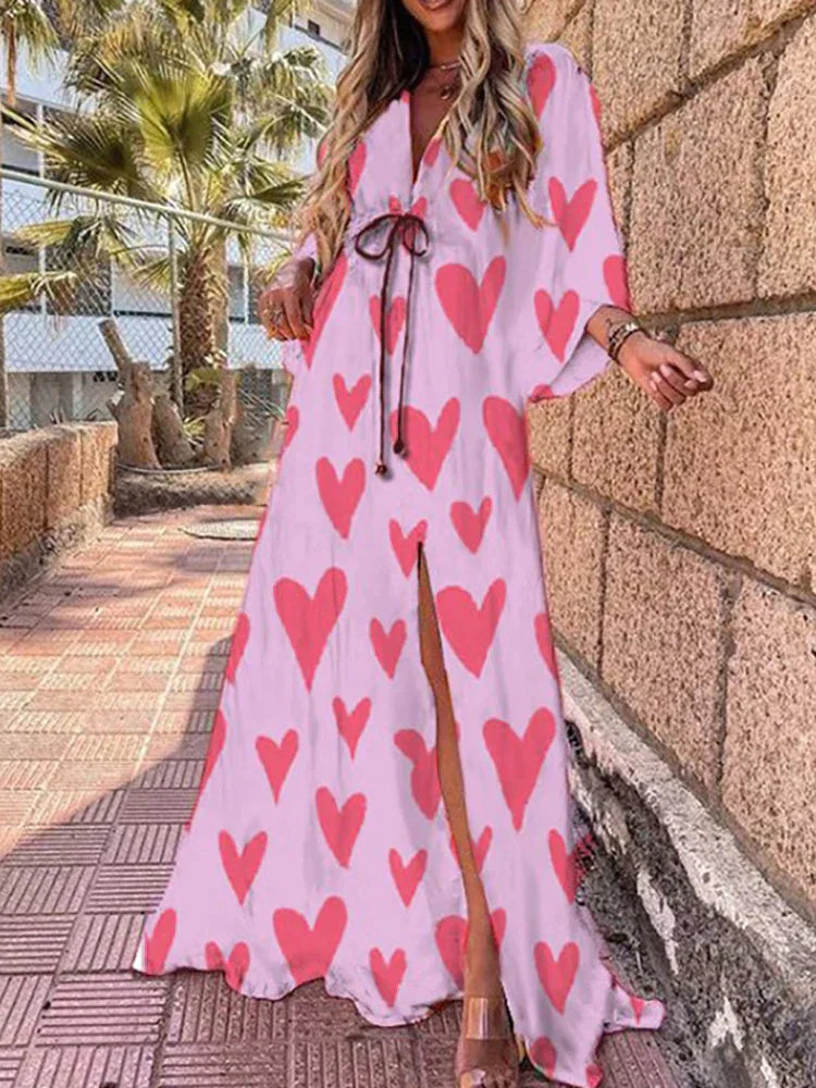 Women's Printed Wrap V Neck Dress | Maxi
