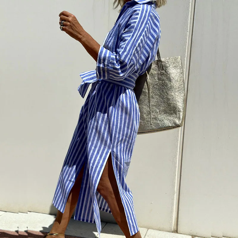 Women's Striped Collared 3/4 Sleeves Shirt Dress | Maxi