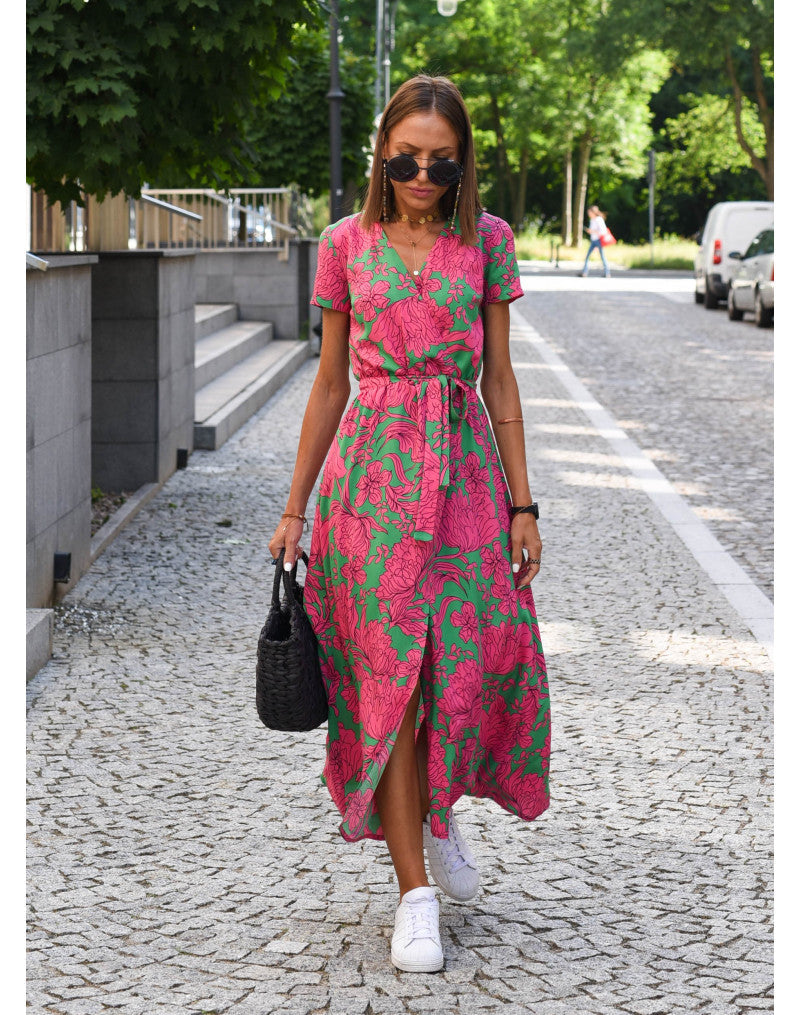 Women's Summer Vibrant Short Sleeve Wrap Maxi Dress | V-Neck