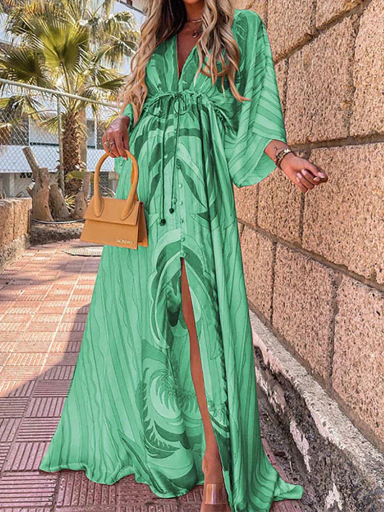 Women's Printed Wrap V Neck Dress | Maxi