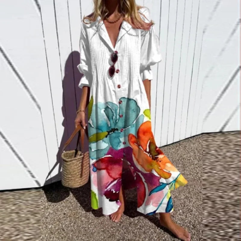 Women's Button Down Leafy Print Dress | Maxi