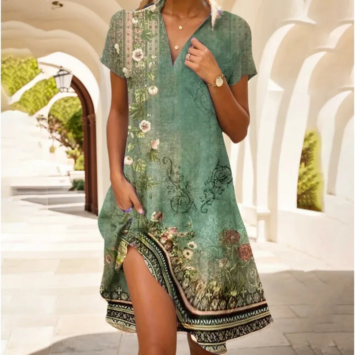 Carla™ | Stylish V-neck Buttoned Floral Dress