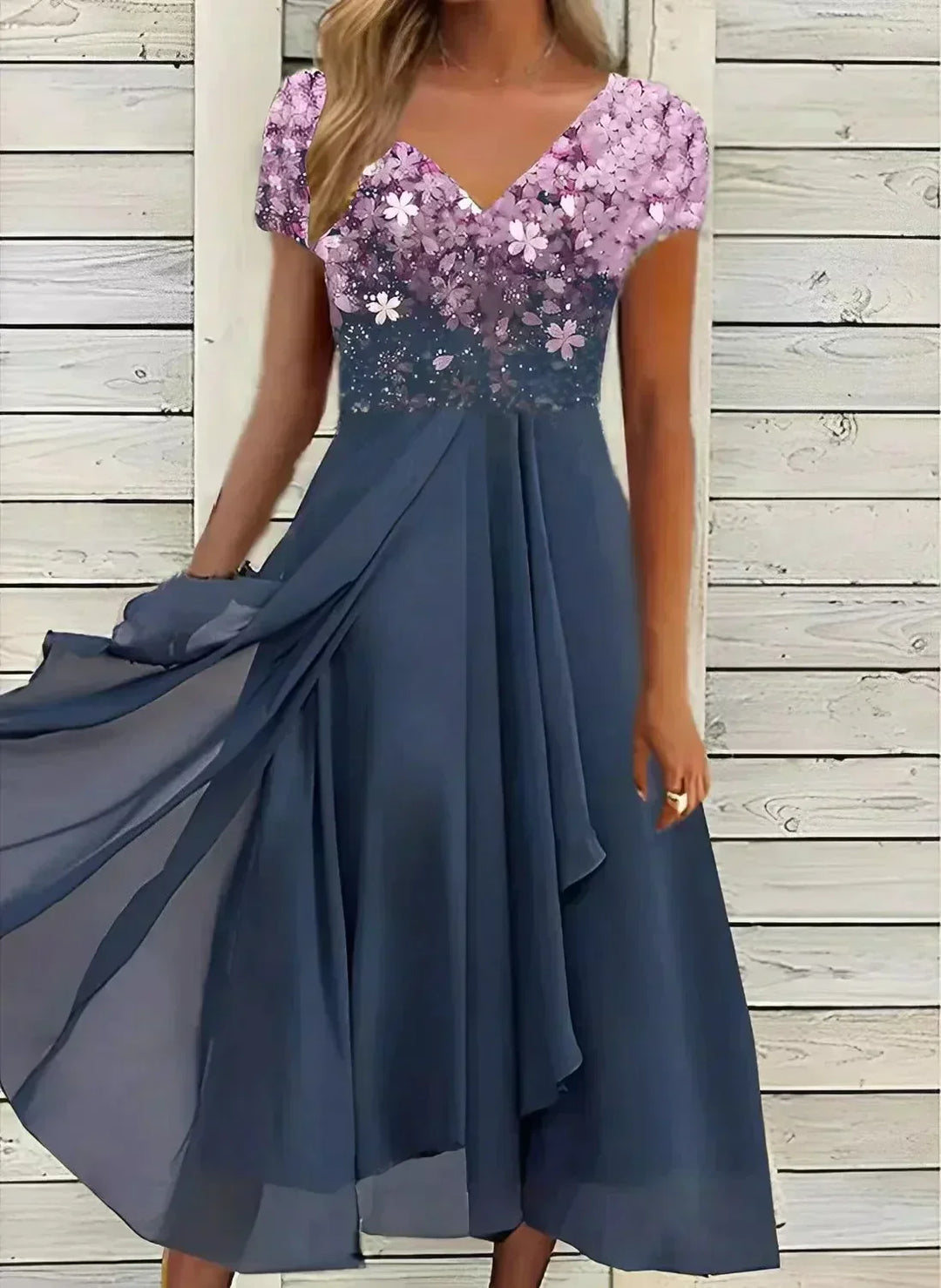 Women's V-Neck Short Sleeve Evening Dress | Midi