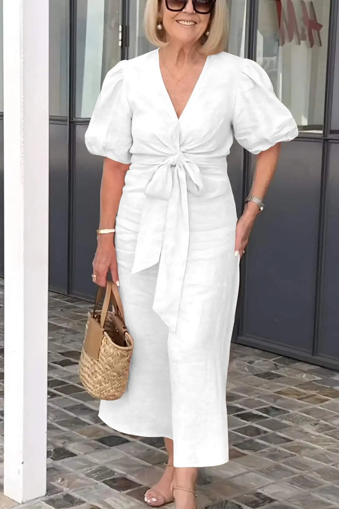 Women's Puff Sleeves V-neck Dress | Maxi