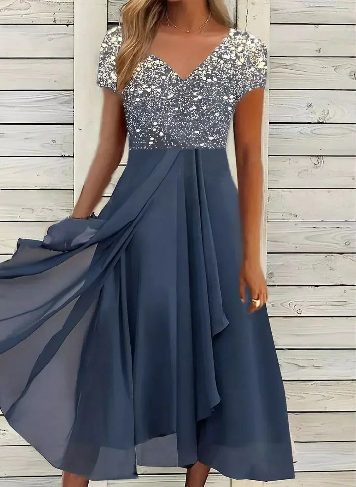 Women's V-Neck Short Sleeve Evening Dress | Midi