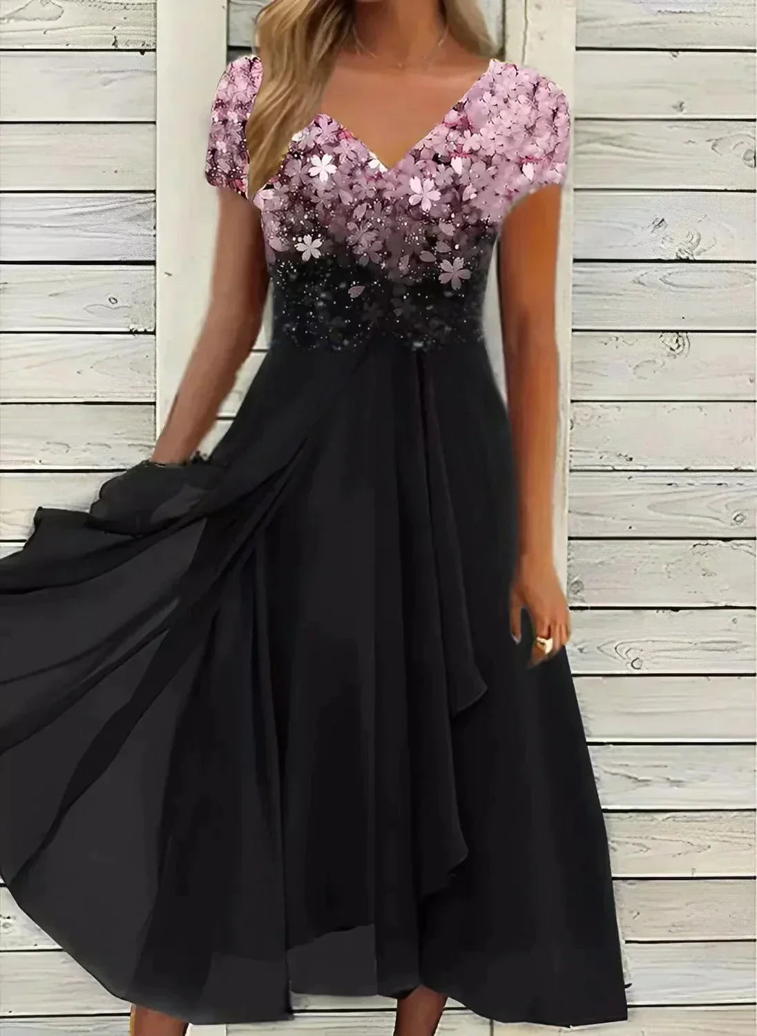 Women's V-Neck Short Sleeve Evening Dress | Midi